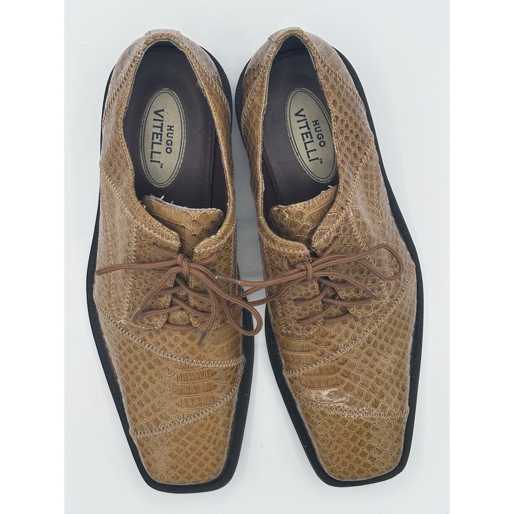 Hugo Vitelli Cognac Crocodile Print‎ Dress Shoes - Square Toe Oxfords Size 8.5